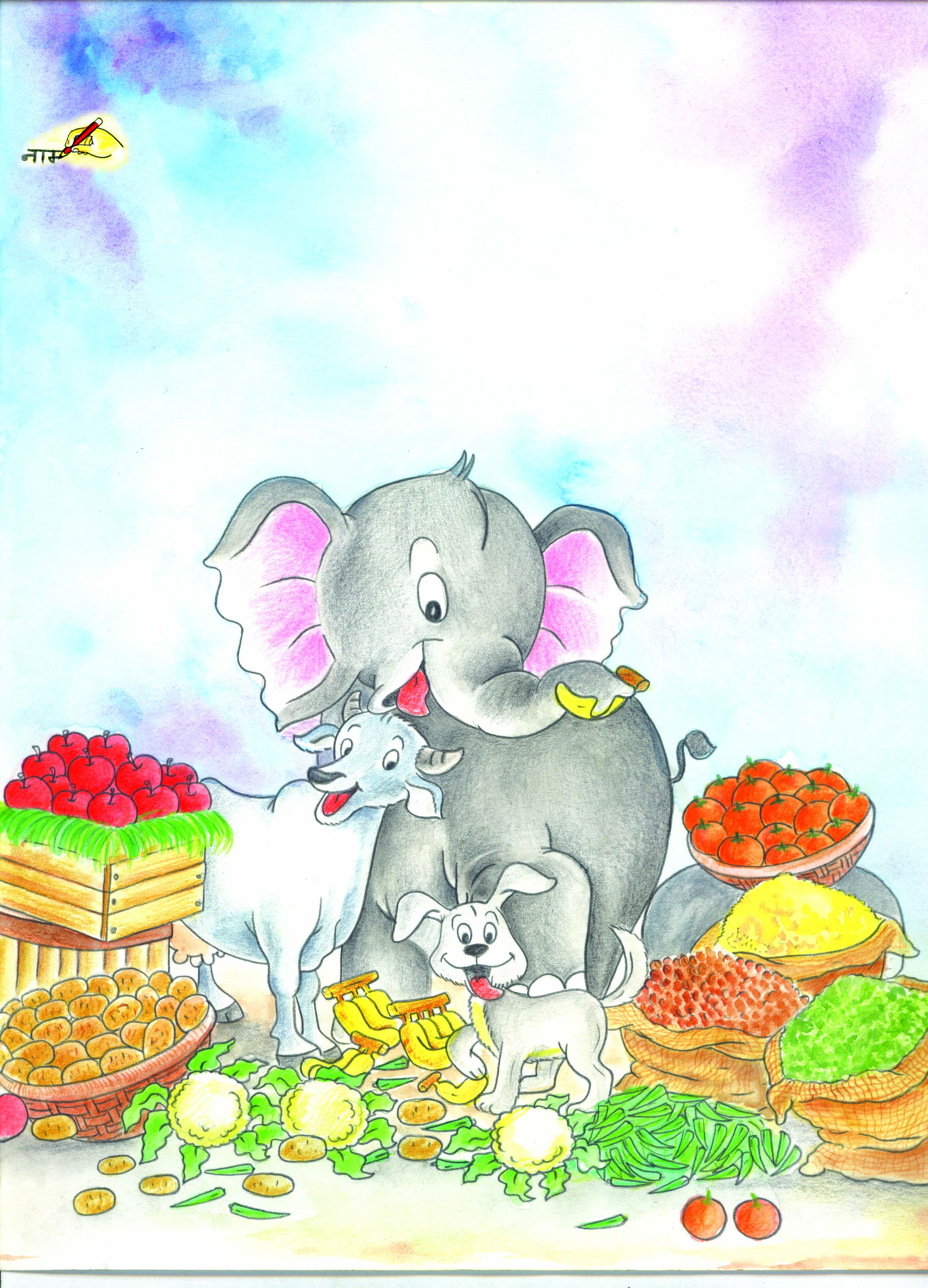 एक गाय, एक हाथी और एक कुत्ता और पास ही कुछ फलों और सबजिओ की टोकरिया रखी हुई हैं। 