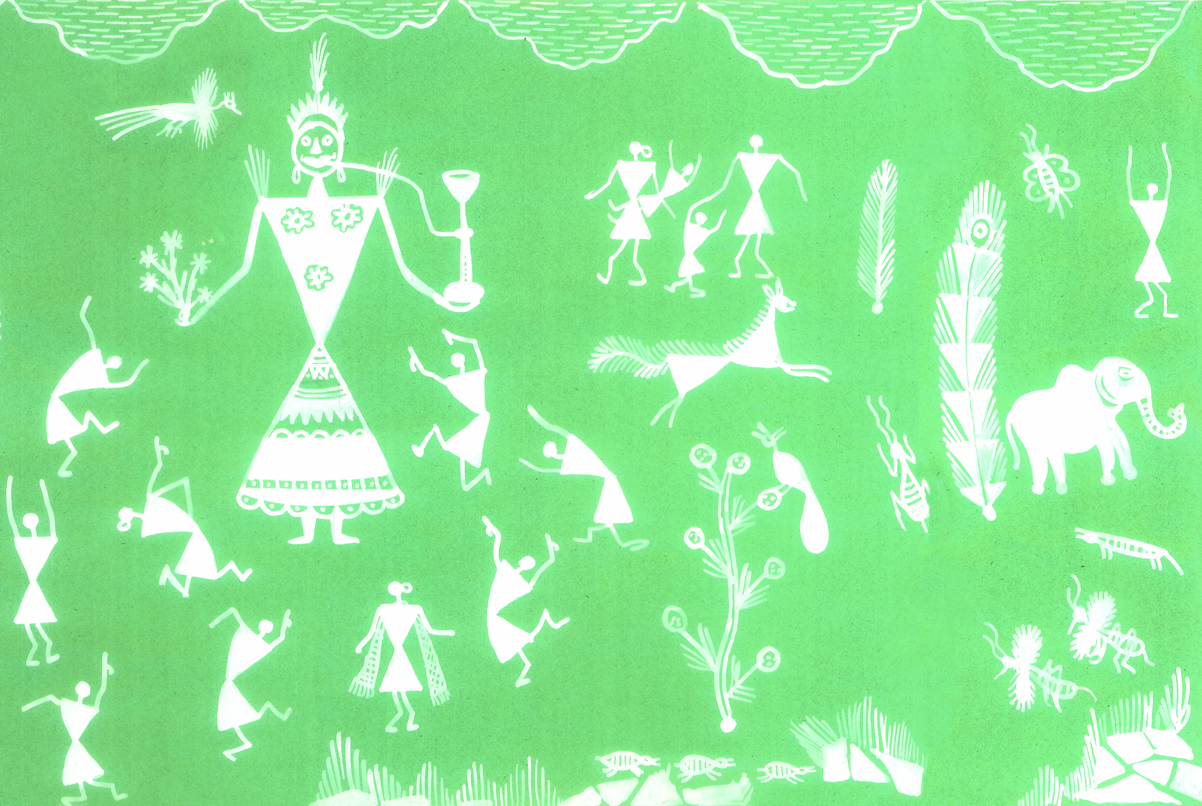 कुछ नाचते हुए लोगों का  स्टिक ड्रॉइंग चित्र बना है। 