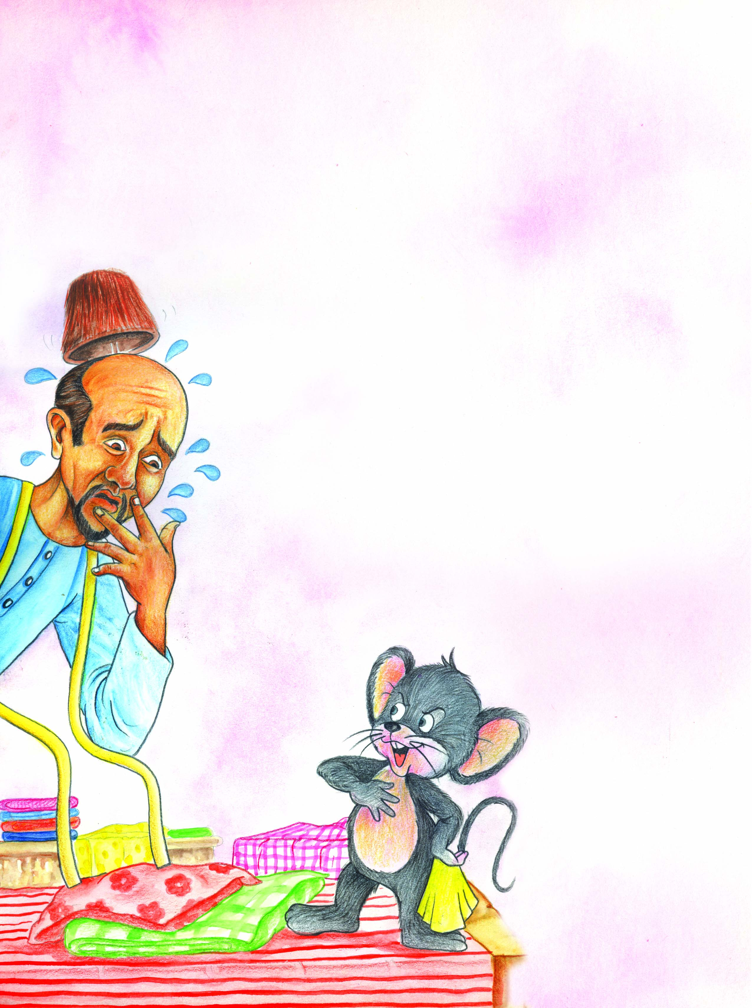 एक दर्जी चूहे की बाते सुन कर हैरान हो रहा है।