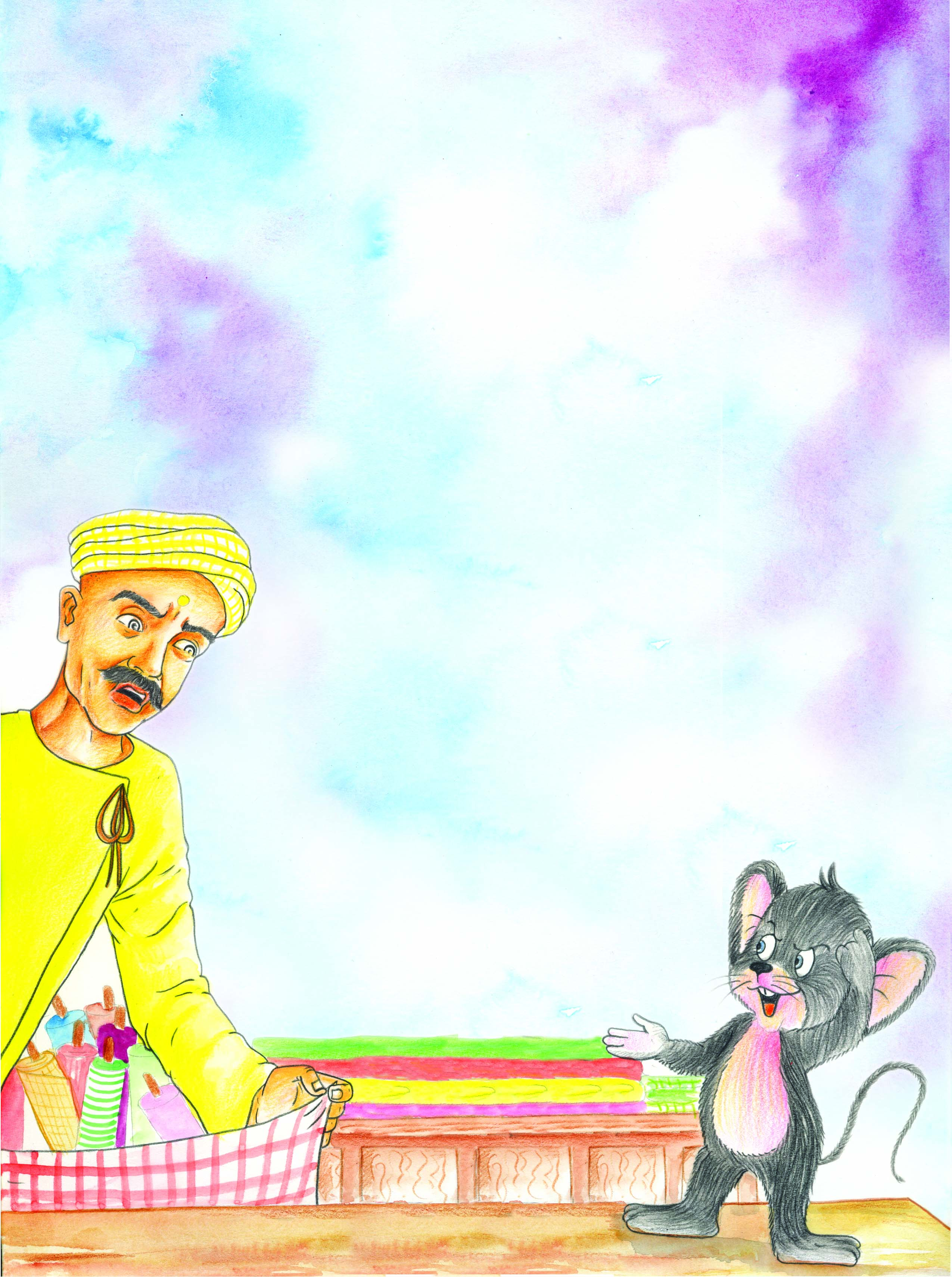 कपड़े की दुकान का दुकानदार । एक चूहा जो कपड़े की दुकान के अंदर खड़ा है।