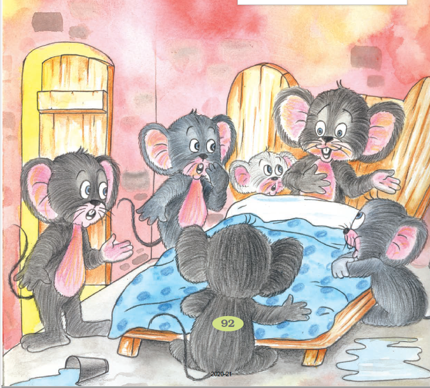 एक चूहा  बिस्तर पर बैठकर अपने साथी चूहों  को कहानी सुना रहा है।
