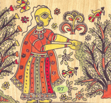 जंगल में एक बाल वाली लड़की एक सूखी मेहंदी की झाड़ी पर हाथों से पानी डाल रही है। 