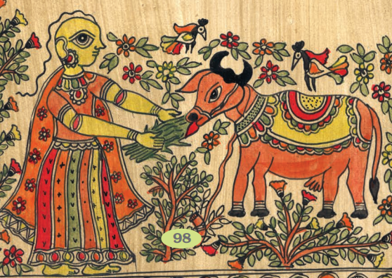 जंगल में एक बाल वाली लड़की एक गाय को घास पूस  खिला रही है। 