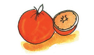 एक संतरा और आधा कटा हुआ संतरा। 