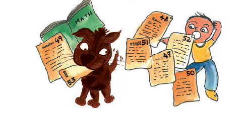 एक कुत्ता जिसके मुंह में किताब के कुछ फटे पन्ने हैं। किताब के फटे पन्ने देखकर एक लड़का गुस्से में है। 