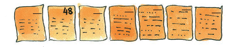 पुस्तक के सात फटे पन्ने हैं, अड़तालीस इस पुस्तक के दूसरे पन्ने पर लिखा है। अन्य पृष्ठों पर संख्याएँ लिखने के लिए रिक्त स्थान है 