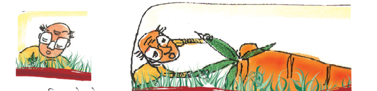 एक बूढ़ा आदमी जमीन में गाजर का बीज बो रहा है।  फिर अगली छवि में, बूढ़ा आदमी जमीन से एक बड़ी गाजर निकालने की कोशिश कर रहा है।  