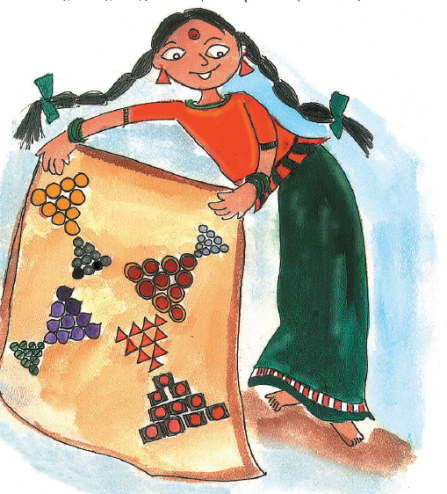 एक लड़की ने कागज पर बिंदियों से डिजाइन बनाया है। बिंदियों के आठ समूह होते हैं, प्रत्येक समूह में दस बिंदियाँ होती हैं। 