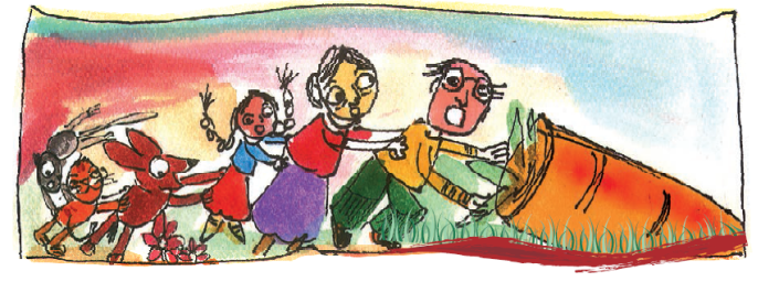 एक चूहा, एक कुत्ता, एक बिल्ली, बूढ़ा, बूढ़ी औरत और उनकी पोती गाजर को बाहर निकालने की कोशिश कर रहे हैं। 