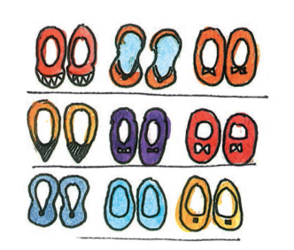 छवि पंक्तियों में व्यवस्थित कुछ जोड़ी जूते दिखाती है। पहली पंक्ति में तीन जोड़ी जूते, दूसरी पंक्ति में तीन जोड़ी जूते और तीसरी पंक्ति में तीन जोड़ी जूते हैं।