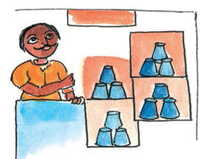 एक आदमी है और गिलास  के चार समूह रखे हुए हैं और प्रत्येक समूह में तीन गिलास  हैं। 