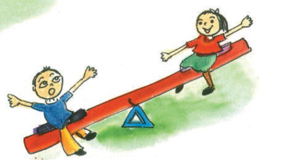 सी सॉ  के एक तरफ लड़का बैठा है और दूसरी तरफ एक लड़की।  