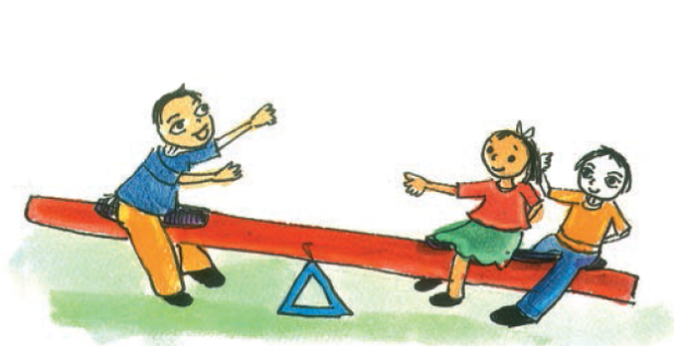 सी सॉ के एक तरफ एक लड़का बैठा है और दूसरी ओर एक लड़का और एक लड़की। 