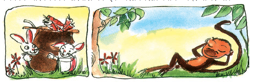 पहली छवि में दो खरगोश गाजर से भरे बैग के  पास  खड़े हैं। दूसरी तस्वीर में एक बंदर एक पेड़ के पास सो रहा है। 