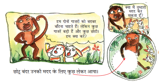 पहली छवि में बंदर को दो खरगोशों के साथ दिखाया गया है, खरगोश कह रहे हैं कि वे चाहते हैं कि वे गाजर को समान रूप से साझा करना चाहते हैं, लेकिन कुछ बड़े हैं और कुछ छोटे हैं। बंदर सोच रहा है। दूसरी छवि में बंदर को खरगोशों से पूछते हुए दिखाया गया है कि क्या वह उनकी मदद कर सकता है। तीसरी छवि में बंदर और उसके हाथ में एक खाली जगह दिखाई दे रही है। 