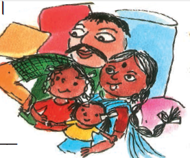 दो छोटी लड़कियों के साथ एक पुरुष और एक महिला। 