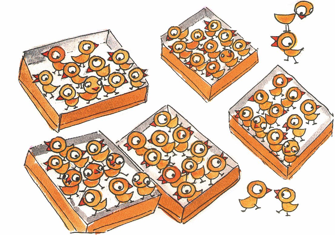 मुर्गियों की पाँच टोकरियाँ हैं, प्रत्येक टोकरी में दस मुर्गियाँ हैं। टोकरियों के बाहर चार मुर्गियाँ हैं।