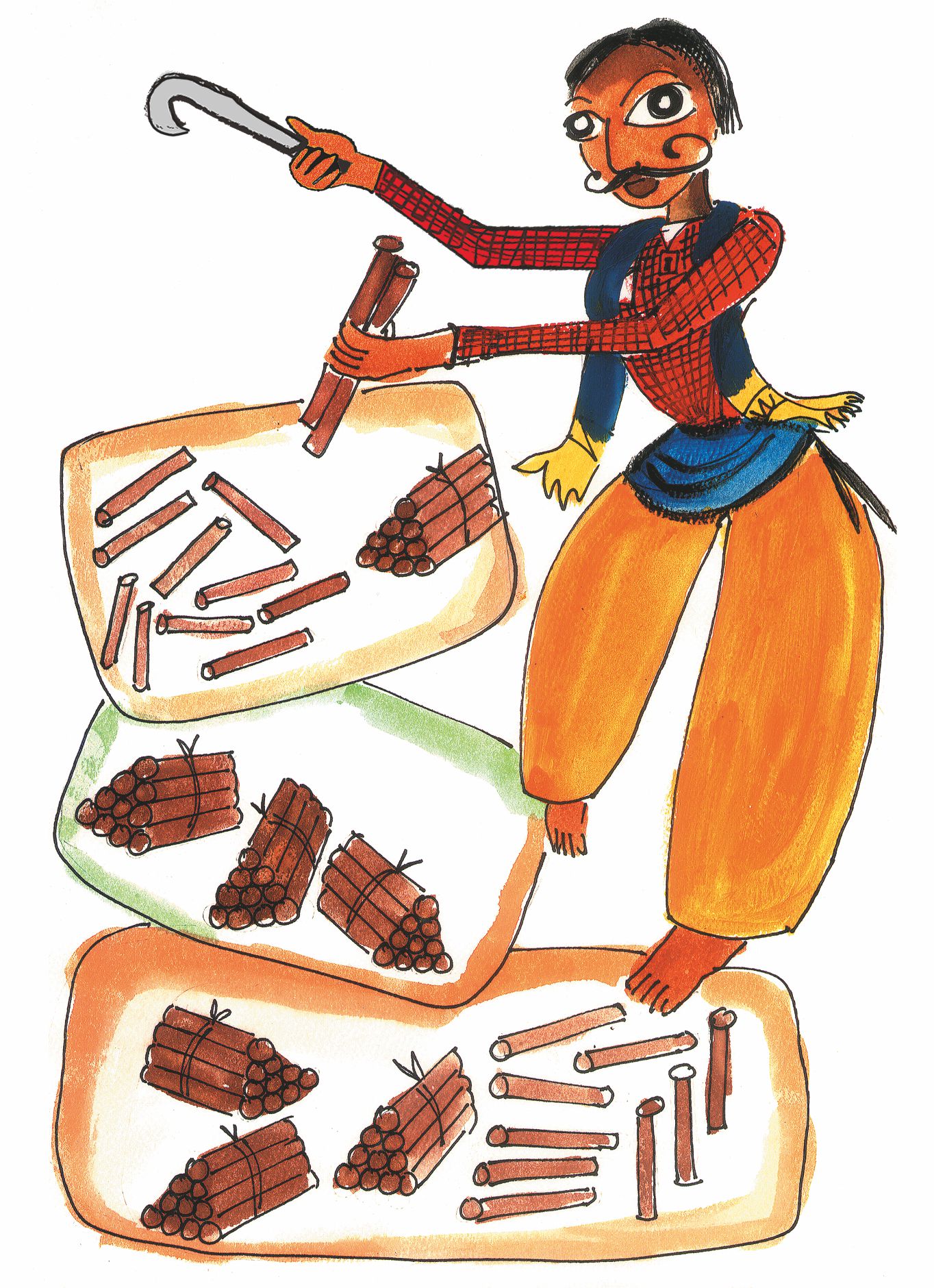 एक आदमी है जिसके एक हाथ में दो लाठी और दूसरे हाथ में कुल्हाड़ी है। सात बंडल हैं, प्रत्येक बंडल में दस डंडे हैं। डंडों के दो समूह, जिनमें से प्रत्येक समूह में दस हैं, फर्श पर बिना बंधे पड़े हैं।