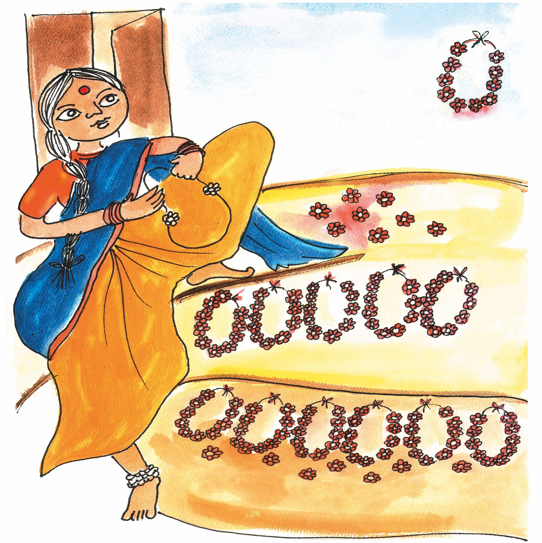 एक महिला फूलों से माला बना रही है। वह दस फूलों से एक माला  बनाती है और आठ  फूल बाहर  रखे है।