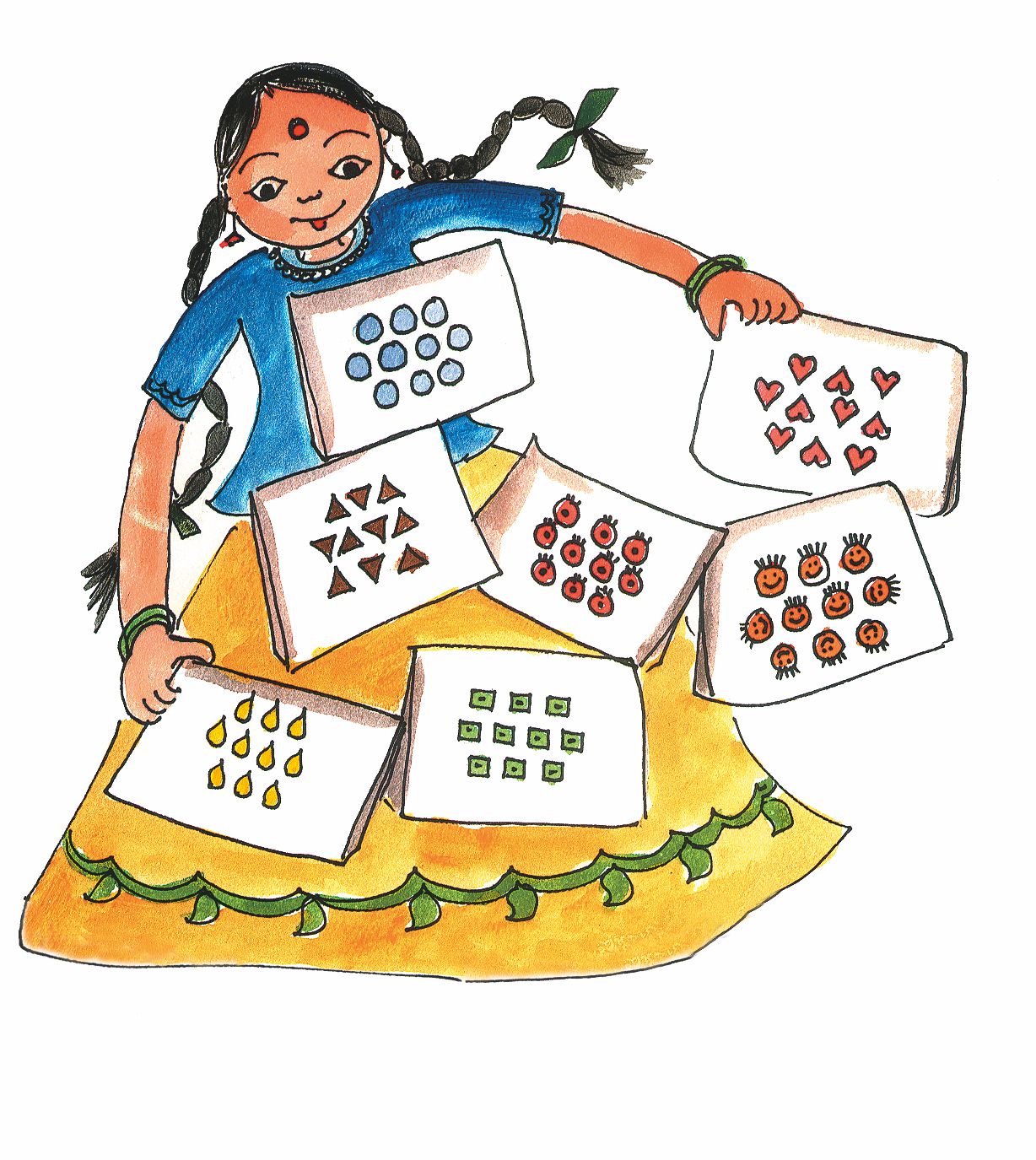 एक लड़की के पास कुल बिंदी के सात पैकेट हैं और प्रत्येक पैकेट में दस बिंदी हैं।