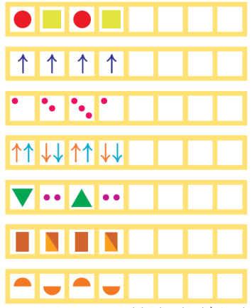 पंक्तियों में कुछ पैटर्न हैं। पहली पंक्ति में एक वृत्त, फिर एक वर्ग, फिर एक वृत्त, फिर एक वर्ग और फिर रिक्त स्थान दिखाई देता है। दूसरी पंक्ति ऊपर की ओर इशारा करते हुए एक तीर दिखाती है और फिर पैटर्न दोहराया जाता है। तीसरी पंक्ति पहले बॉक्स में एक बिंदु, दूसरे में दो, तीसरे में तीन और चौथे में एक और फिर खाली जगह दिखाती है। चौथी पंक्ति ऊपर की ओर इशारा करते हुए दो तीरों से शुरू होती है और फिर दो तीर नीचे की ओर इशारा करते हुए, फिर ऊपर, फिर नीचे, फिर खाली जगह होती है। 