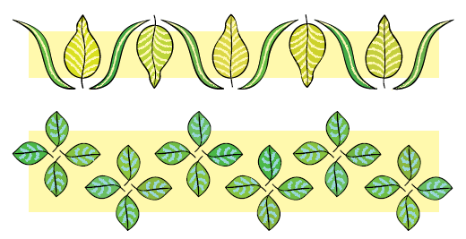 अनुक्रम केंद्र में एक चौड़ी पत्ती और उसके किनारे एक संकीर्ण पत्ती से शुरू होता है। फिर पैटर्न को उल्टा रखा जाता है और फिर इसे दोहराया जाता है। अगला  क्रम चार पत्तों को रखने से शुरू होता है, एक पत्ता ऊपर, एक पत्ता नीचे, एक बाईं ओर और एक दाहिनी ओर। इस पैटर्न को पहले रखा जाता है, फिर उसी पैटर्न को नीचे की ओर रखा जाता है, फिर पैटर्न को दोहराया जाता है।  