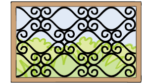 एक घर की खिड़की में कुछ घुमावदार डिजाइन  और बर्फी के आकार का बना हुआ पैटर्न। 