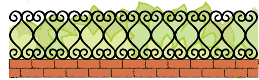 एक पार्क की चारदीवारी पर लोहे की ग्रिल से बना एक पैटर्न। पैटर्न में ऊपर और नीचे घुमावदार डिजाइन  हैं और बीच में बर्फी जैसी आकृति है। 