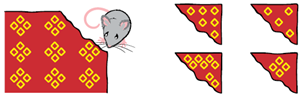 एक साथ व्यवस्थित चार छोटी चार भुजाओं वाली आकृतियों का उपयोग करते हुए एक पैटर्न कागज के एक टुकड़े पर खींचा जाता है, कागज का एक हिस्सा माउस द्वारा फाड़ा जाता है। इसके साथ मिलान करने के लिए कुछ टुकड़े दिए गए हैं। 