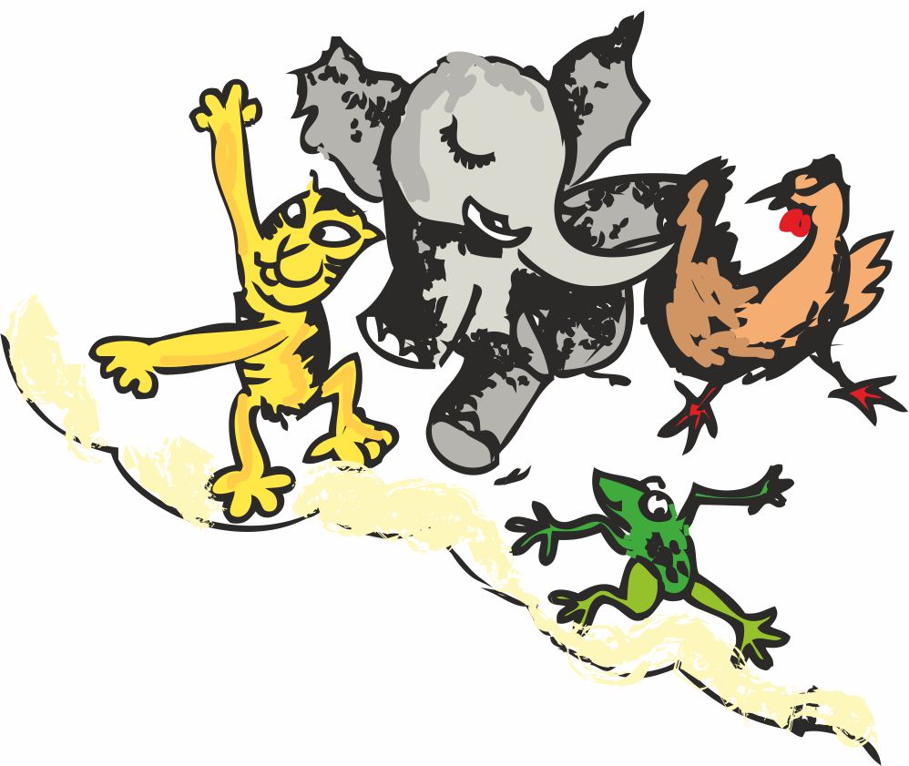 एक हाथी का बच्चा, एक मुर्गी, एक मेंढक और एक शेर का बच्चा। 