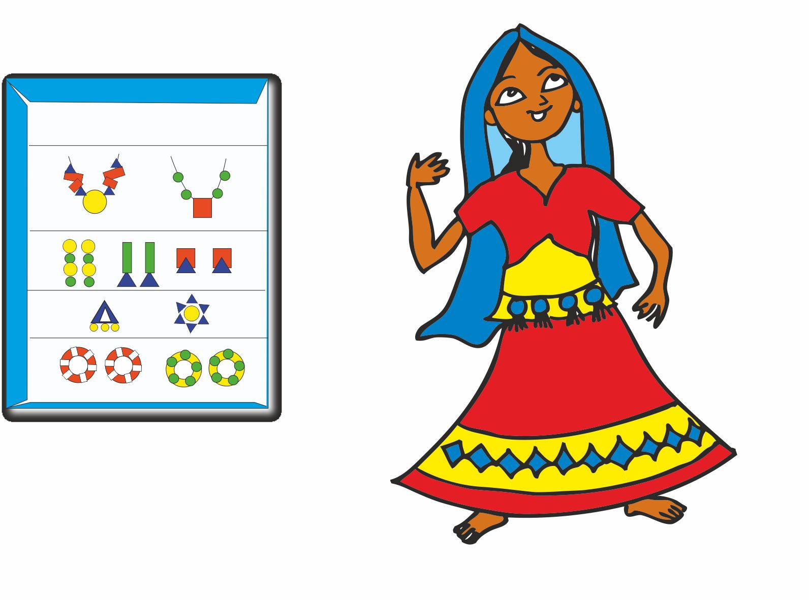 एक लड़की और उसके गहने बॉक्स हैं, जिसके अंदर एक वृत्त, आयत, वर्ग और त्रिकोण जैसी विभिन्न आकृतियों का उपयोग करके कुछ हार, झुमके और चूड़ियाँ हैं। 