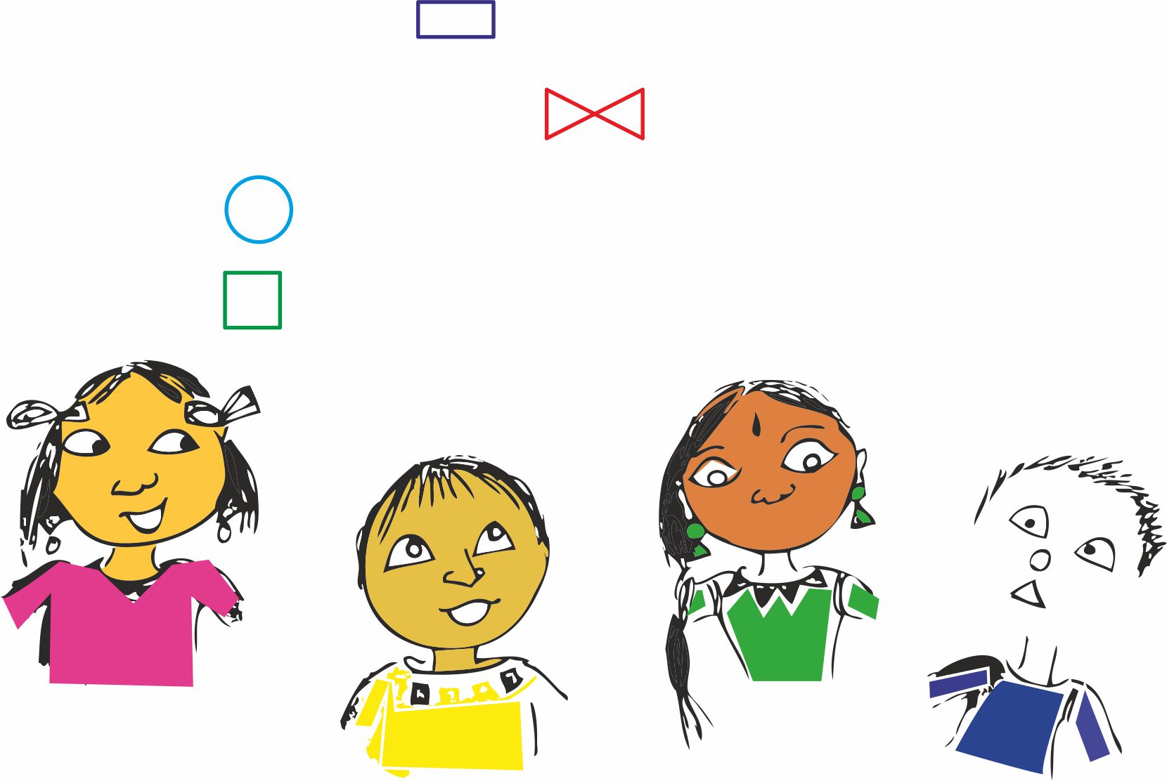 गोल आकार के चेहरों वाली दो लड़कियां और एक लड़का है और चौथे  लड़के का चौकोर चेहरा वर्ग आकार का बनाना है।  