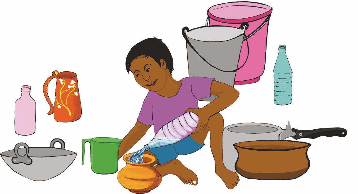 एक लड़का एक बर्तन में बोतल से पानी डाल रहा है। एक कड़ाही, एक बर्तन, एक जग, एक प्रेशर कुकर और दो बाल्टियाँ भी वहाँ रखी  हैं।