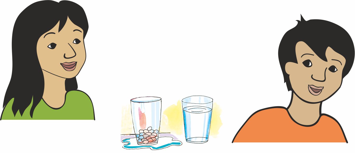 एक लड़की और एक लड़का है और उनके बीच दो गिलास रखे हैं, एक पानी के साथ और दूसरा, उसमें इमली के बीज डाले हैं।