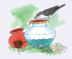 कौवा थोड़े से पानी से भरे घड़े में कंकड़ डाल रहा है।