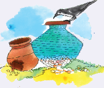 मटके में पानी ऊपर आ गया और कौवा उसकी रिम पर बैठा है।