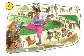 बांसुरी वाला अपने मुंह से बांसुरी बजा रहा है और चूहे उसके पीछे दौड़ रहे हैं और वह उन्हें टोकरी में धकेल रहा है। 