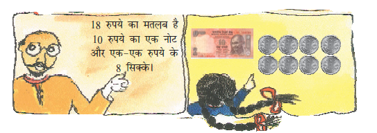 वह आदमी के रहा है कि अठारह  रुपये का मतलब है दस  रुपये का एक नोट और एक-एक रुपये केआठ सिक्के। 