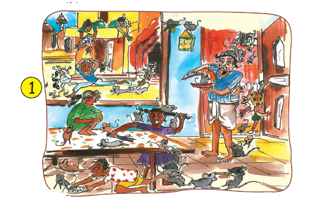 एक गाँव में बहुत सारे चूहे होते हैं। घरों के अंदर, रोशनी पर, मेज पर, फर्श पर, बर्तनों में, खिड़कियों में, हर जगह चूहे हैं। घरों के बाहर भी चूहे हैं और घरों में और बाहर बच्चे, स्त्री-पुरुष उन्हें पकड़ने की कोशिश कर रहे हैं लेकिन चूहे भाग रहे हैं। 