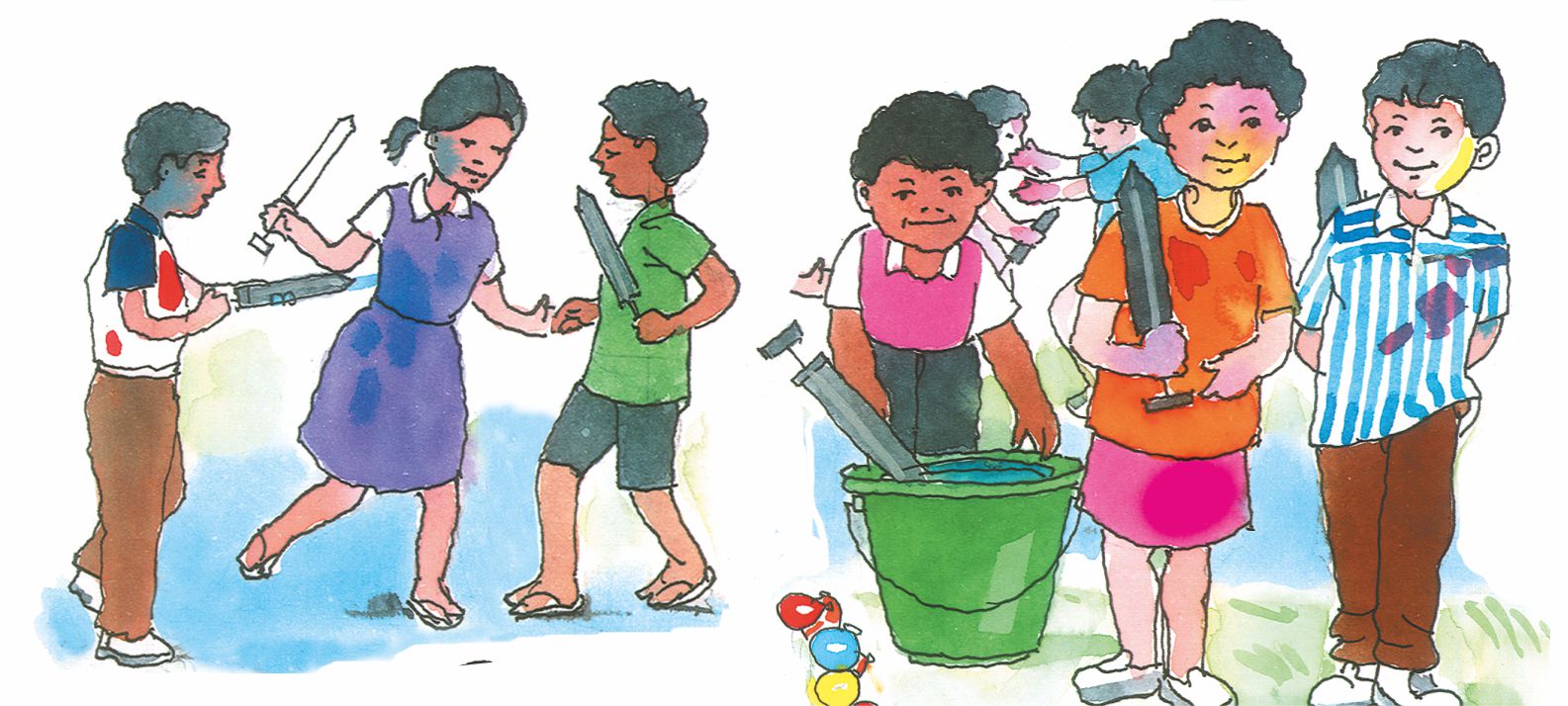 कुछ बच्चे होली मना रहे हैं, एक-दूसरे पर पानी और रंग डाल रहे हैं और हाथों में पानी की बंदूकें लेकर बाल्टी से पानी भर रहे हैं. 