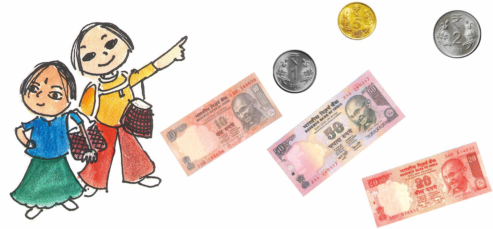 अपने  साथ शॉपिंग बैग लेकर एक लड़की और एक लड़का जा रहे है। एक रुपये का सिक्का, दो रुपये का सिक्का और पांच रुपये का सिक्का है। दस, बीस और पचास रुपये के नोट भी हैं। 