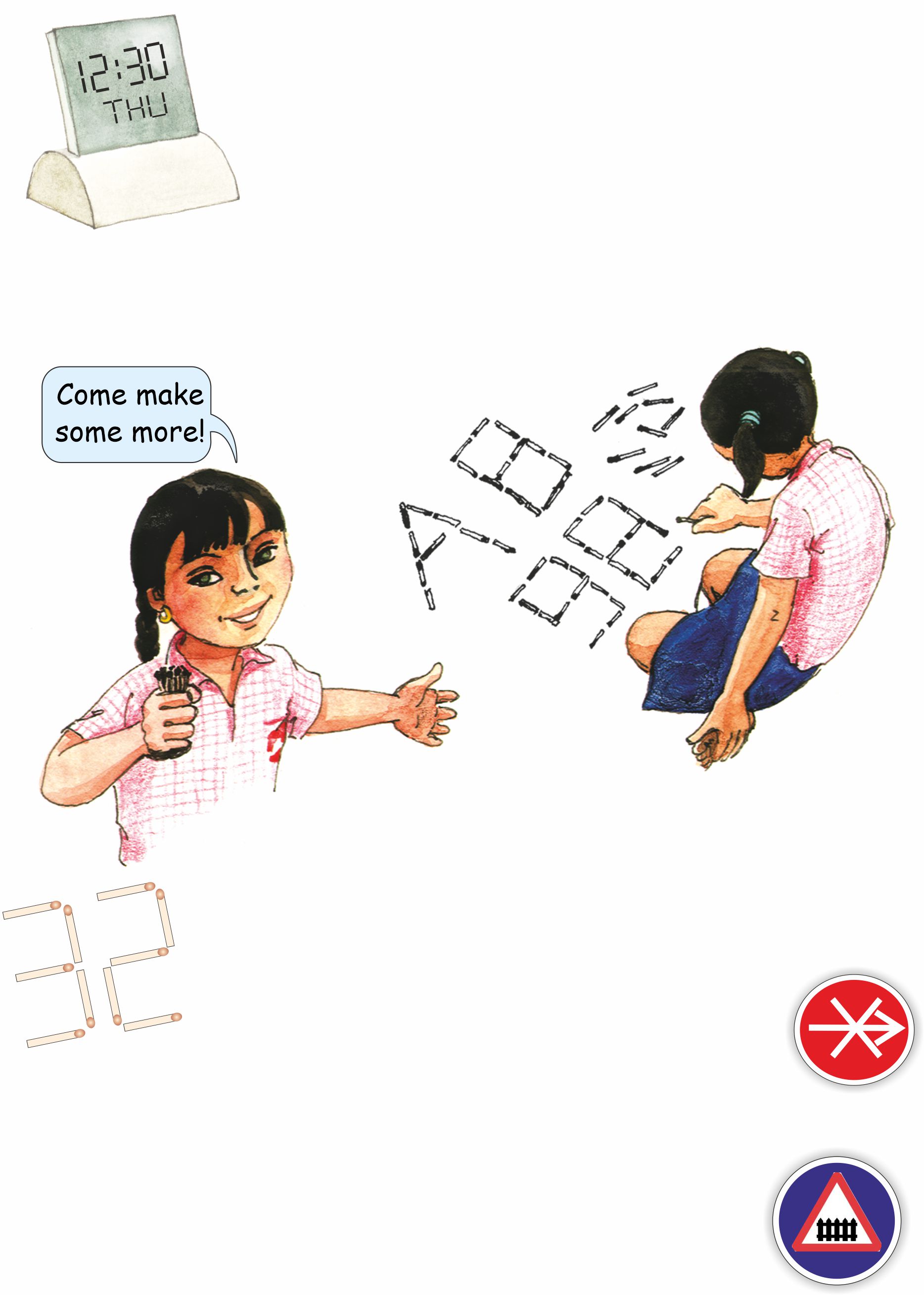 एक डिजिटल घड़ी, जो एक स्टैंड पर सेट है एक चौकोर आकार की स्क्रीन है, समय बारह तीस और दिन गुरुवार दिखा रही है।,एक लड़की माचिस की तीली से फर्श पर अंक और अक्षर बना रही है। उसने कुछ अक्षर और  संख्या निन्यानबे और बत्तीस लिखे हैं। 