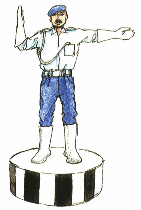 ट्रैफिक पुलिसकर्मी निर्देश दे रहा है। उनकी एक भुजा खड़ी रेखा की तरह दिख रही है और दूसरी नींद की रेखा की तरह दिख रही है. 