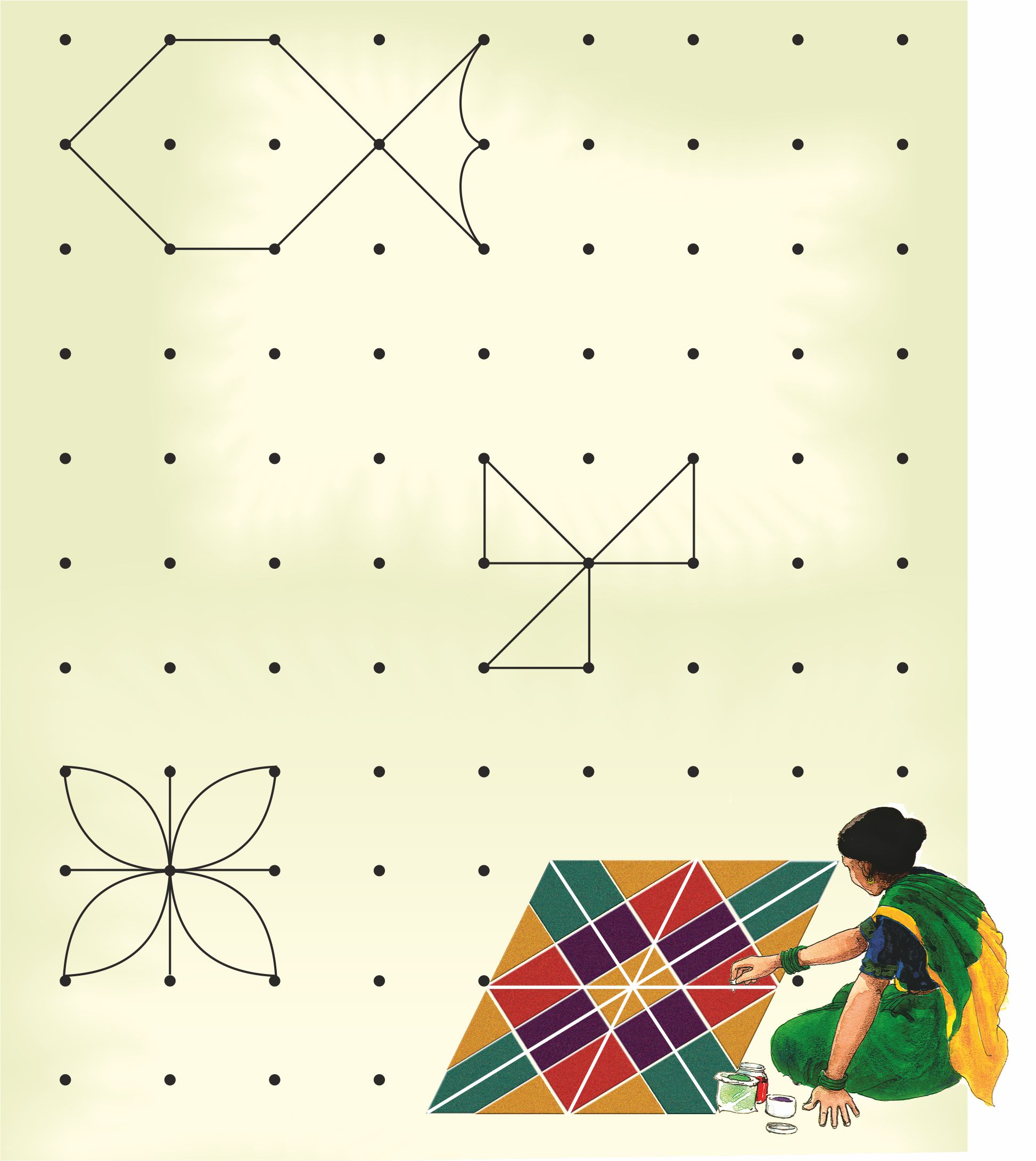 कागज की एक शीट पर बहुत सारे बिंदु  हैं। कुछ बिंदुओं को घुमावदार और सीधी रेखाओं से जोड़कर एक मछली, एक फूल और एक रंगोली डिज़ाइन भी बनाया  है। 