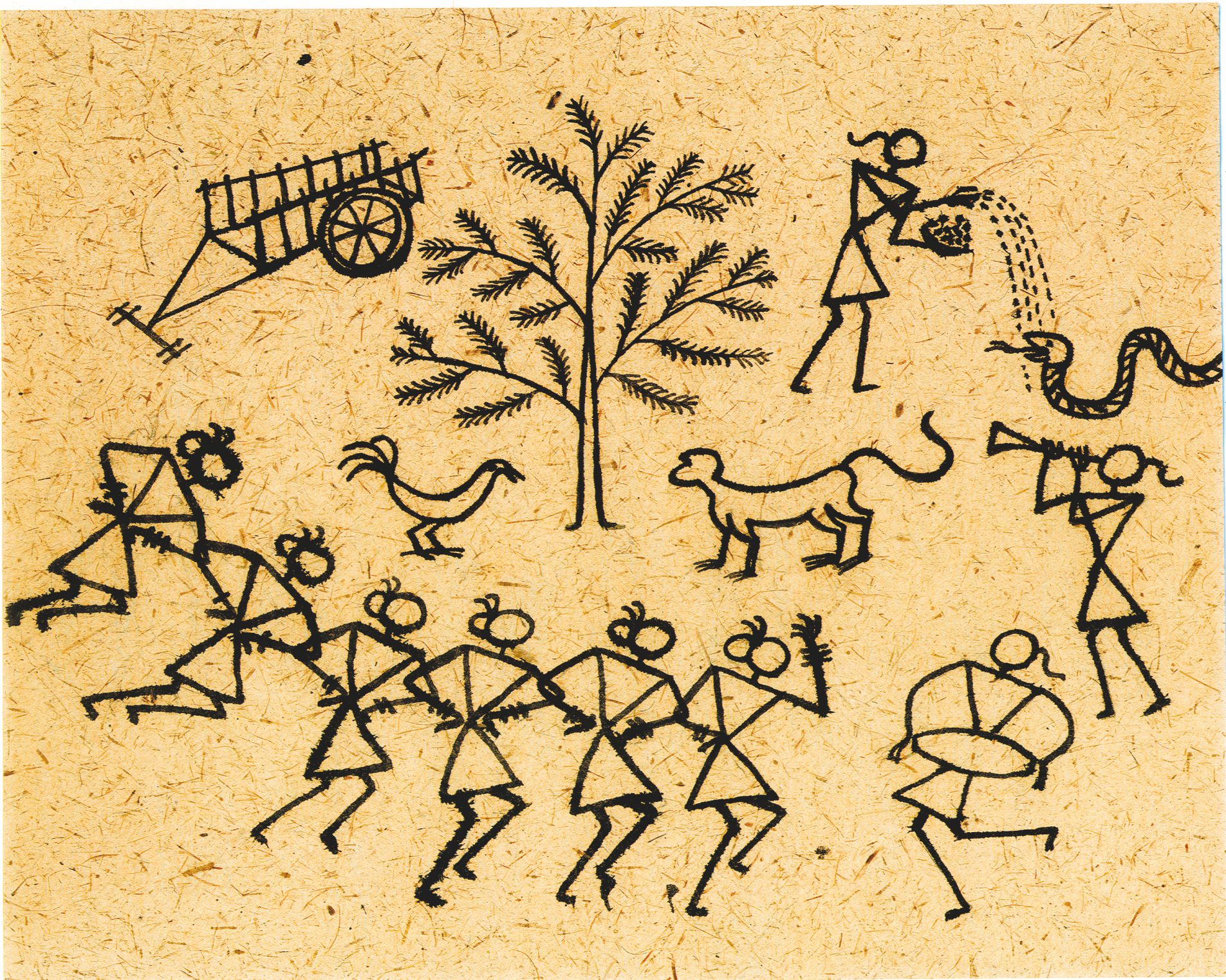 घुमावदार, खड़ी, तिरछी और सुप्त रेखाओं का उपयोग करके खींचा गया चित्र। एक पेड़ है, एक गाड़ी है, एक कुत्ता है, एक मुर्गी है, एक साँप है और कुछ स्त्री-पुरुष हैं। 