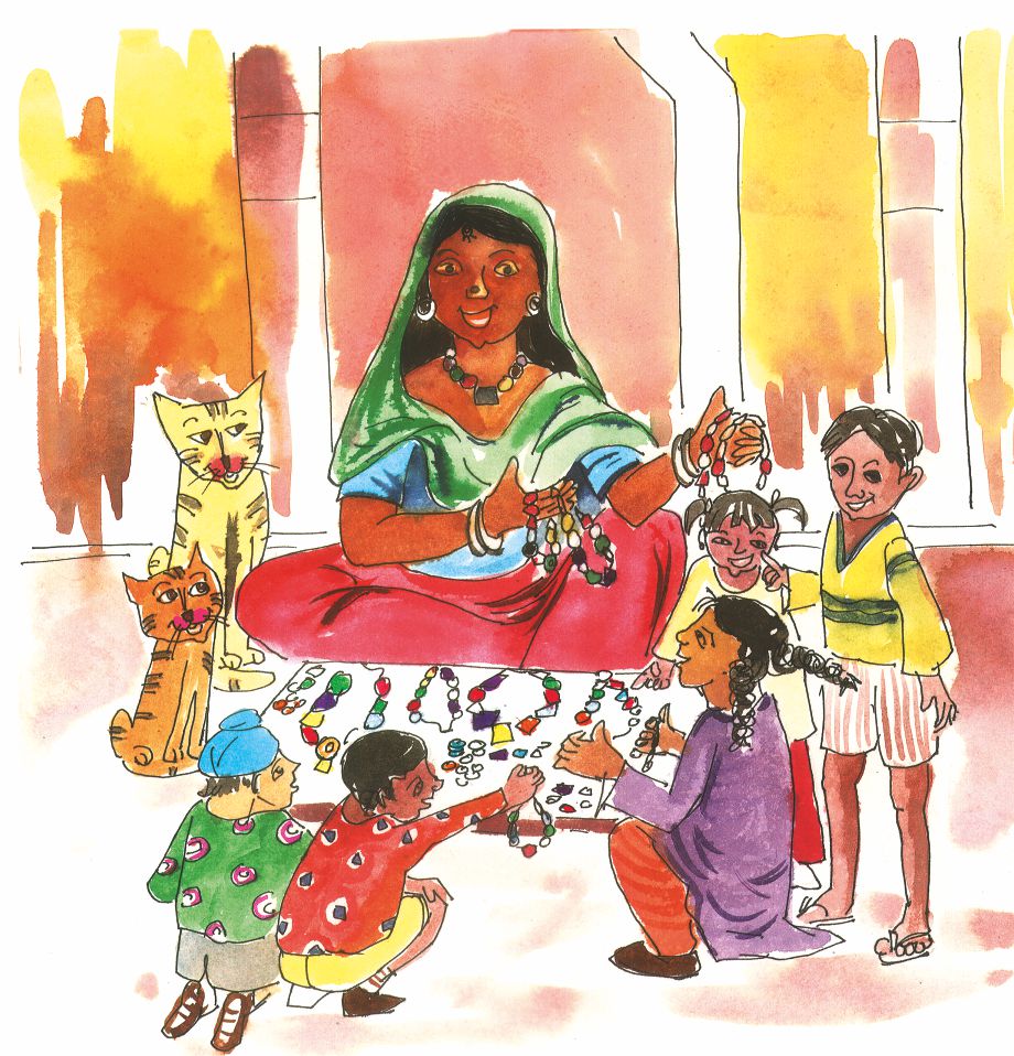 एक महिला बाजार में मोतियों से बने हार बेच रही है। कुछ बच्चे उसके स्टाल के आसपास बैठे हैं और हार को देख रहे हैं और पीछे दो बिल्लियाँ भी बैठी हैं। 