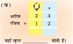 इकाई के स्थान पर मनका और दहाई के स्थान पर हार बना हुआ है। आरिफ के आगे चौबीस और रजिया के आगे बारह लिखा  है। योग लिखने के लिए रिक्त स्थान है। 