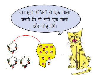 बिल्ली खुले मोतियों से माला जोड़ कर गिन रही है। 