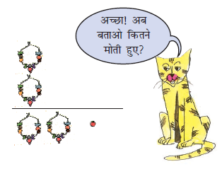 चार हार और एक खुला मोती बने हैं और बिल्ली पूछ रही है की कुल कितने मोती हुए। 