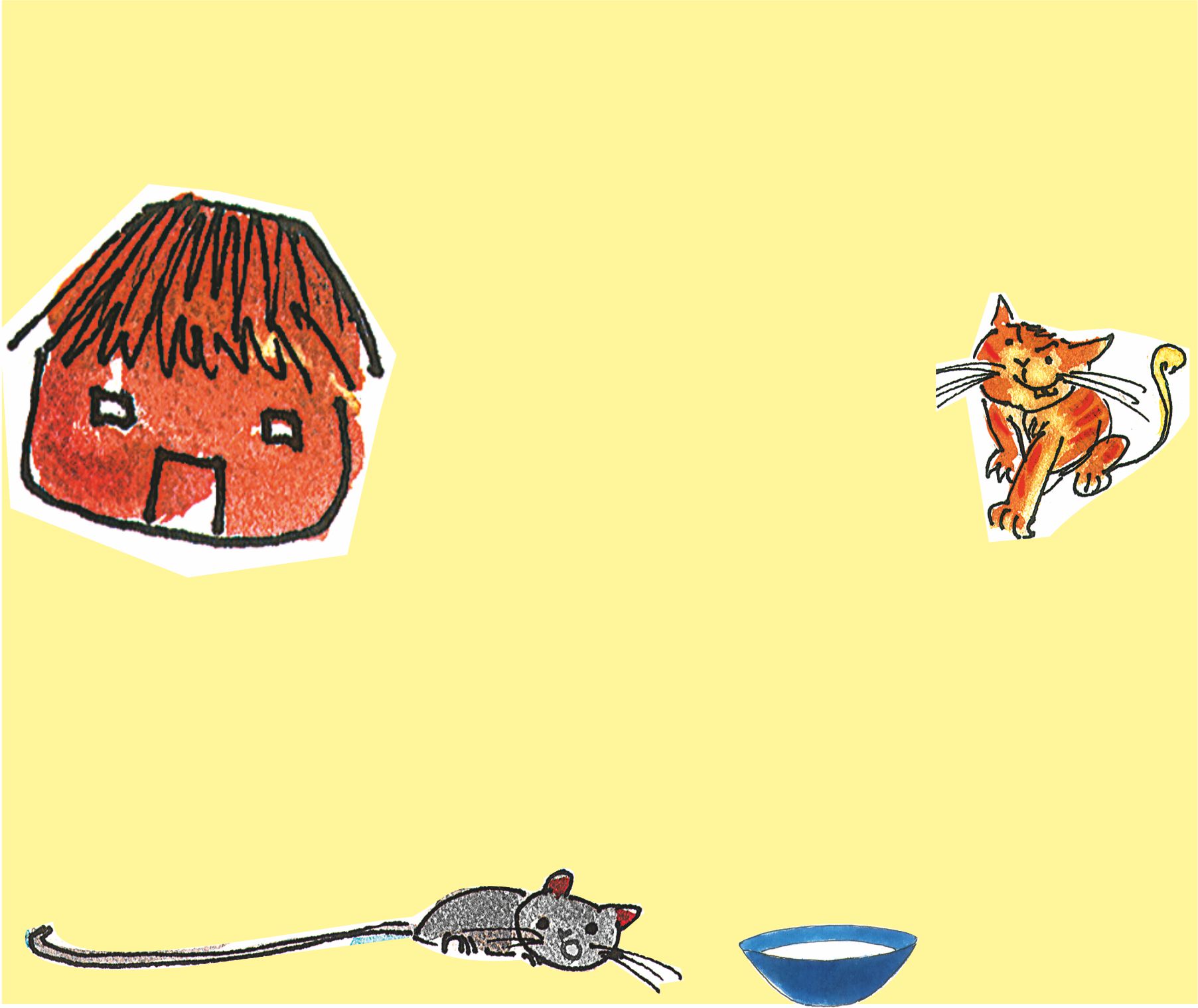 एक बॉक्स में, एक तरफ एक झोपड़ी और दूसरी तरफ एक बिल्ली और आधार पर एक कटोरी दूध के साथ एक चूहा है। 